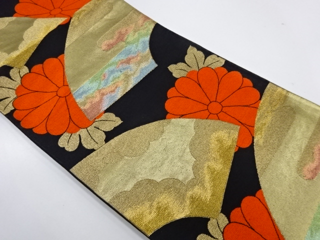 アンティーク　地紙に菊模様織出し袋帯（着用可）